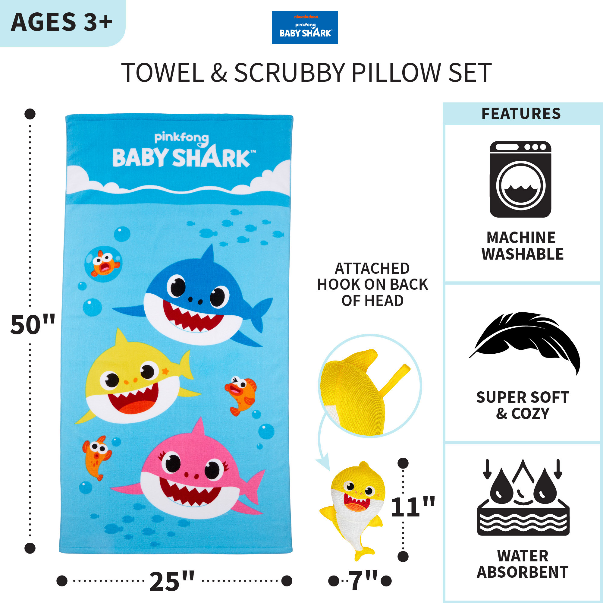 Baby Shark Kids Towel and Character Scrubby Set, Blue, Pinkfong - image 2 of 13