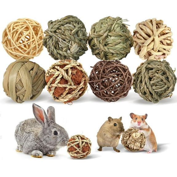 WLGJL Bunny Chew Grass Balls, Rolling Chew Toys for Small Animals, Natural Chew Grass Toys and Bunny Treats for Rabbits, Guinea Pigs, Chinchillas, Hamsters, Mice Teeth Grinding (8 Pcs)