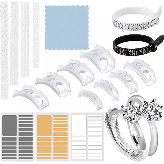 Ring Sizer Adjuster for Loose Rings, Ring Sizer Measuring Tool, Mandrel for Making Jewelry Guard, Resizer, Spacer, Spiral Silicone Tightener Set with Polishing Cloth (18)