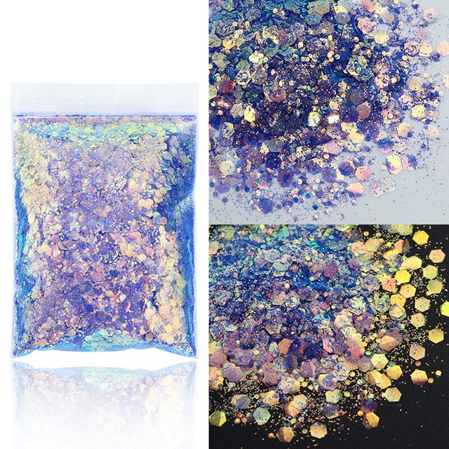Brillo de uñas grueso con forma hexagonal mixta holográfica de 50G, lentejuelas plateadas, copos brillantes láser, rebanadas, manicura, decoración artística de uñas Tan Jianjun unisex