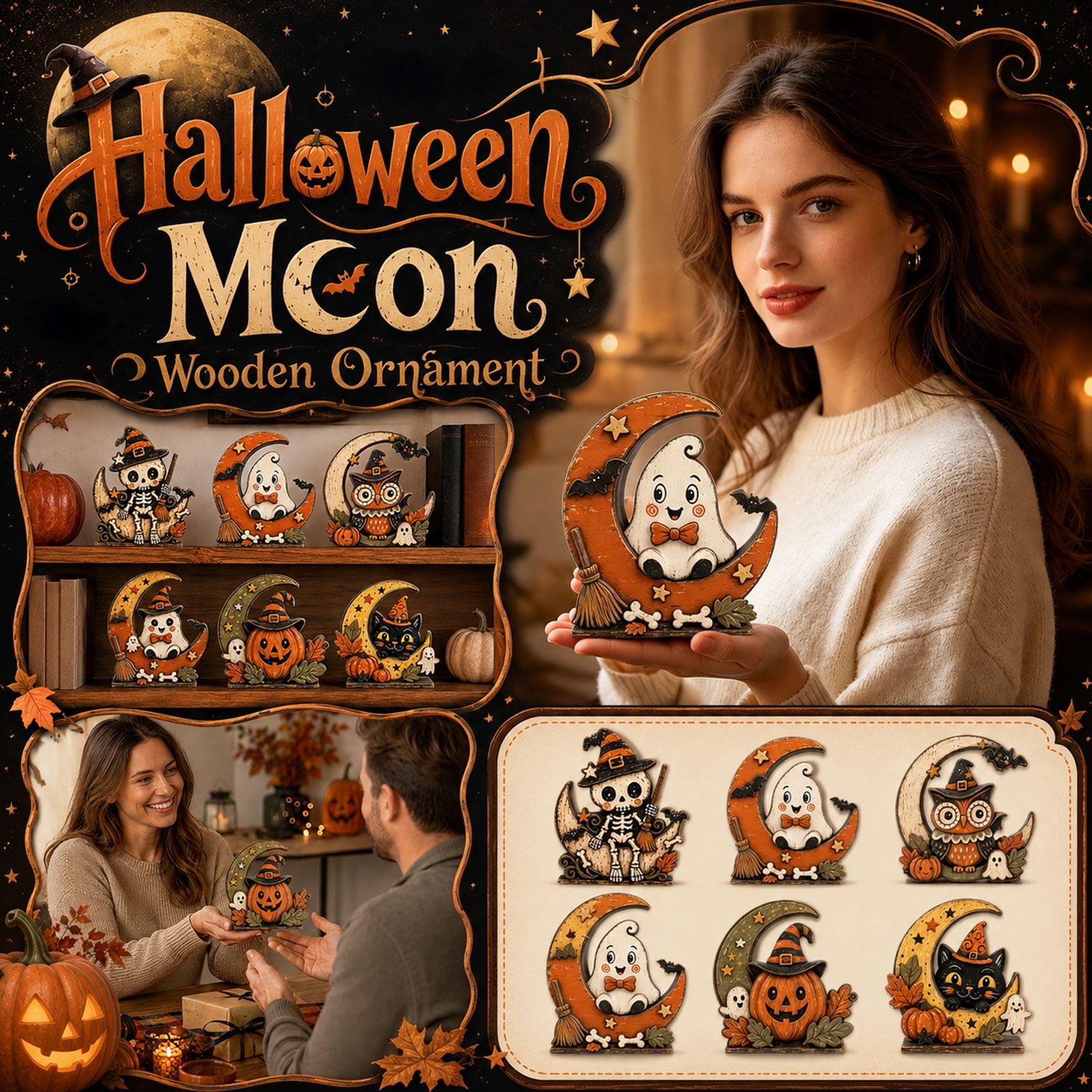 Halloween Wooden Tabletop Decor 6Pc Set Halloween Skeleton Decorations Witch Hat Decor Moon and Stars Decor 2D Rustic Ghost Black Cat Pumpkin Owl Figures Perfect for Home