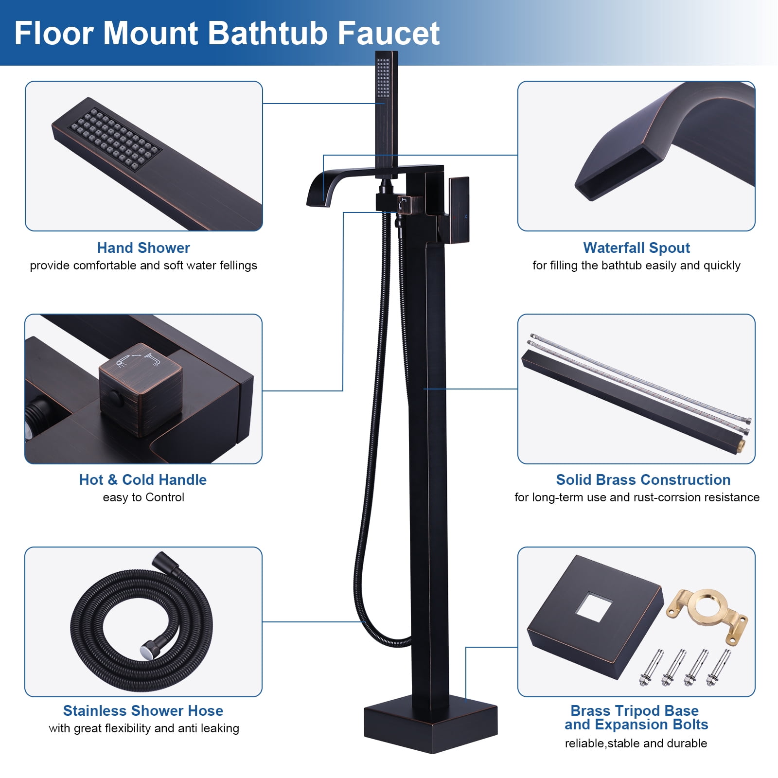 Wowow Oil Rubbed Bronze 1-handle Freestanding Waterfall Bathtub Faucet with Hand Shower (Valve Included)