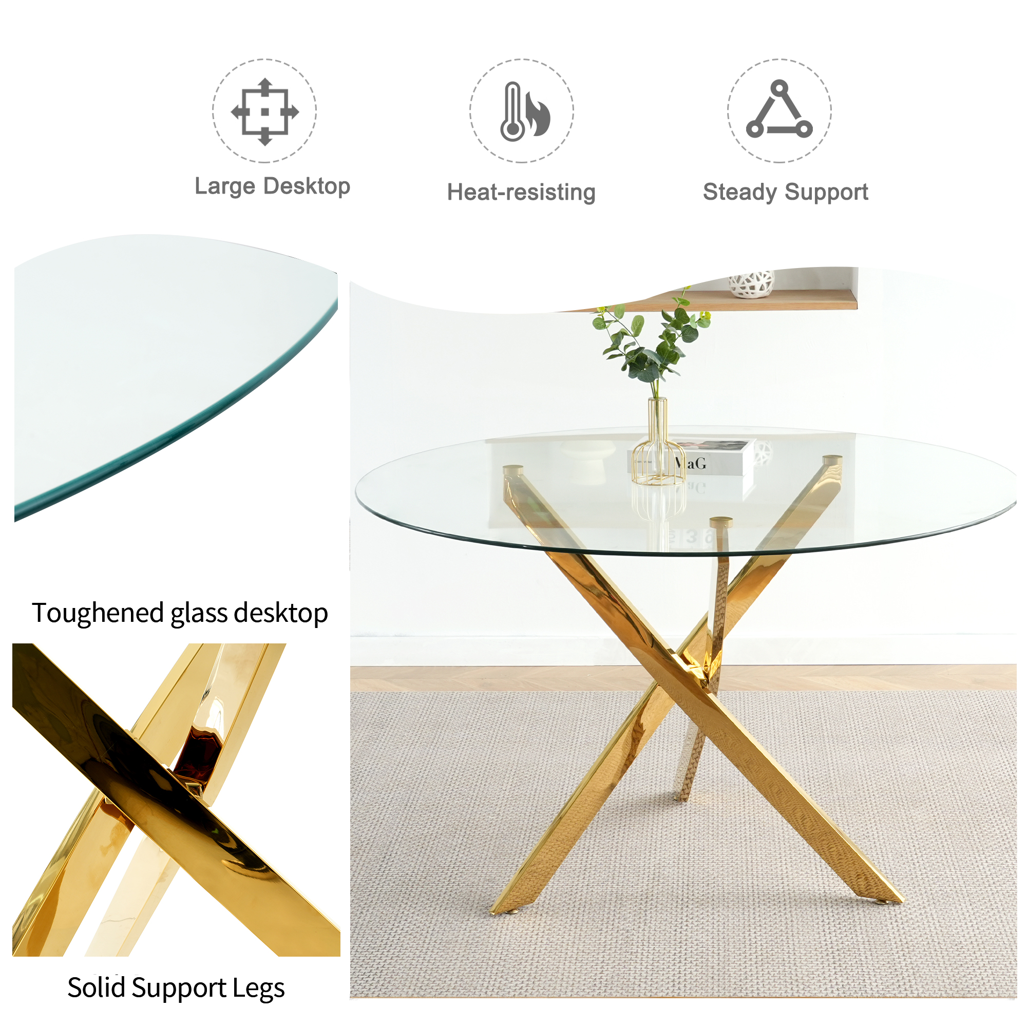 47" Modern Round Glass Dining Table with Golden Base