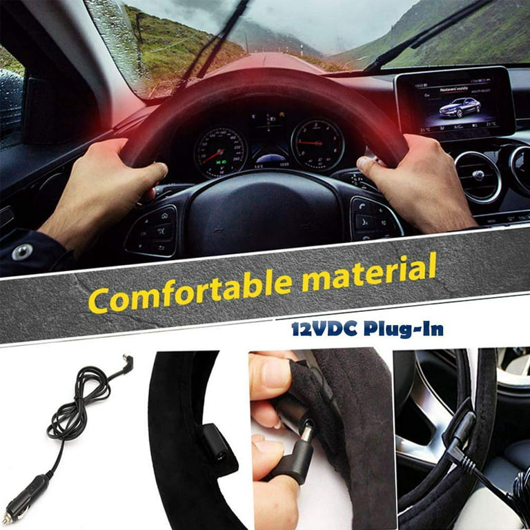 Heated Steering Wheel Cover- 12V Black Warmer Car Steering Heater- 15 inch Electrical Wheel Cover