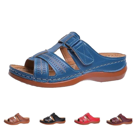 Women's Orthopedic Sandals Low Wedge Open Toe Slides with Arch Support Heeled Non Slip Slippers Casual Summer Beach Walking Shoes Brown Size 6.5