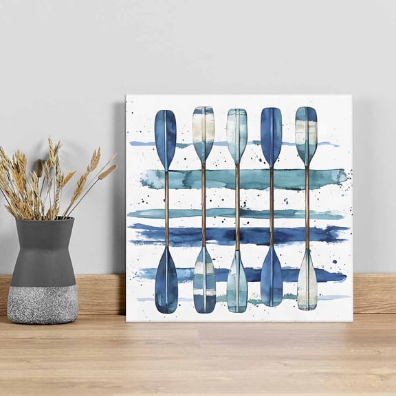 Lake Paddles Wall Art Painting on Canvas, Summer Watercolor Teal Blue Striped Canvas Art Home Prints Wall Art Framed Modern Artwork for Living Room Bedroom Wall Decor 20x20in