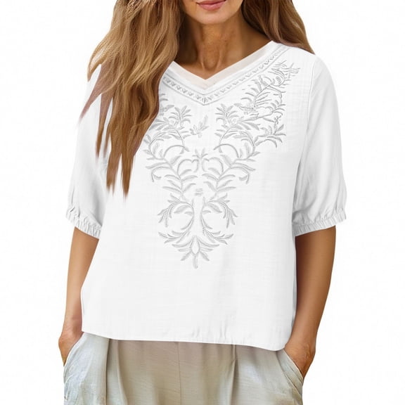 YUGYXL Women's Embroidered Blouse Short Sleeve V Neck Casual Loose Fit Summer Tops Boho Cotton Linen Tunic Shirts White XL