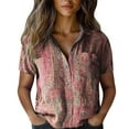 thumbnail image 2 of Bovemsi Women Cotton Shirt Printed Fashion Down Shirts Casual Tops Short Sleeve Blouse, Pink Women's Summer Shirts, L, 2 of 4
