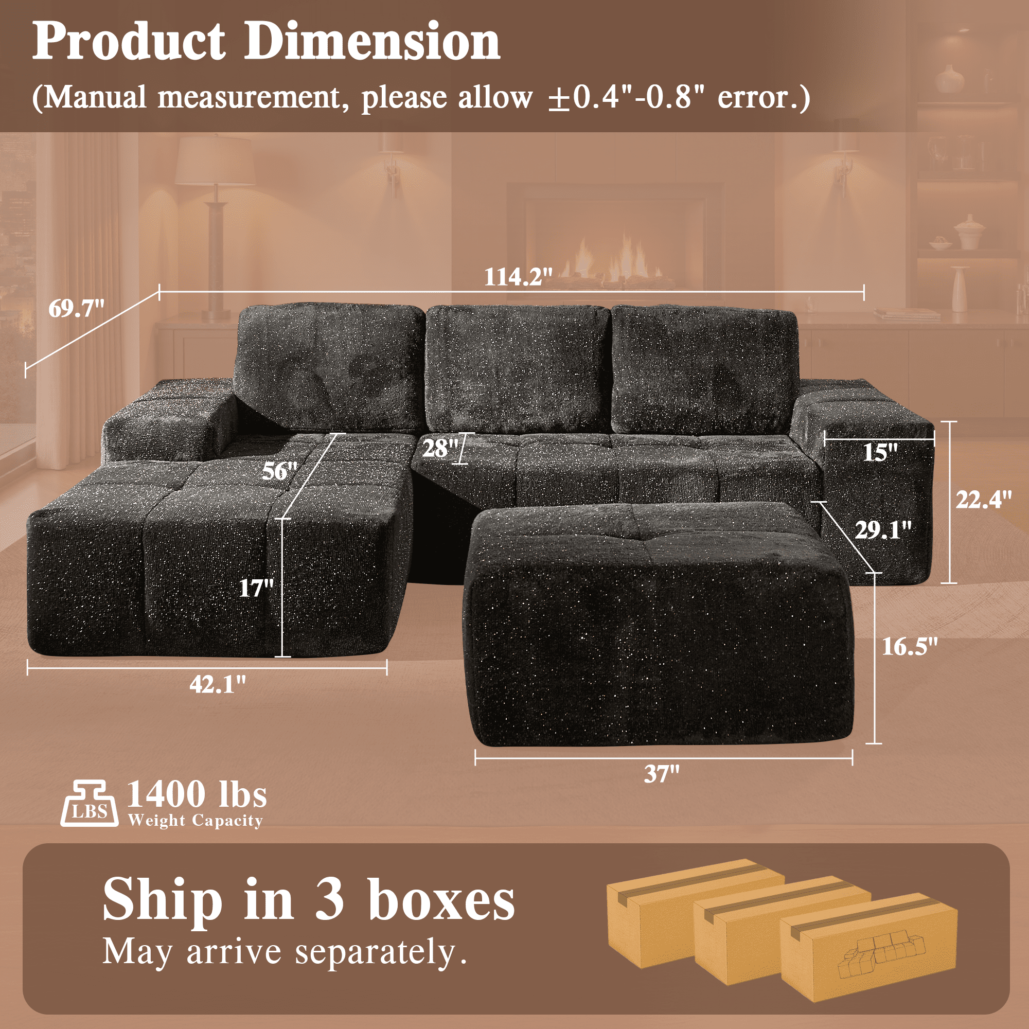 Ovios 114" U-Shaped Sectional Sofa with Ottoman Modern Modular Cloud Couch with Deep Seating for Living Room , No Assembly Required, Gray(Starry Sky)