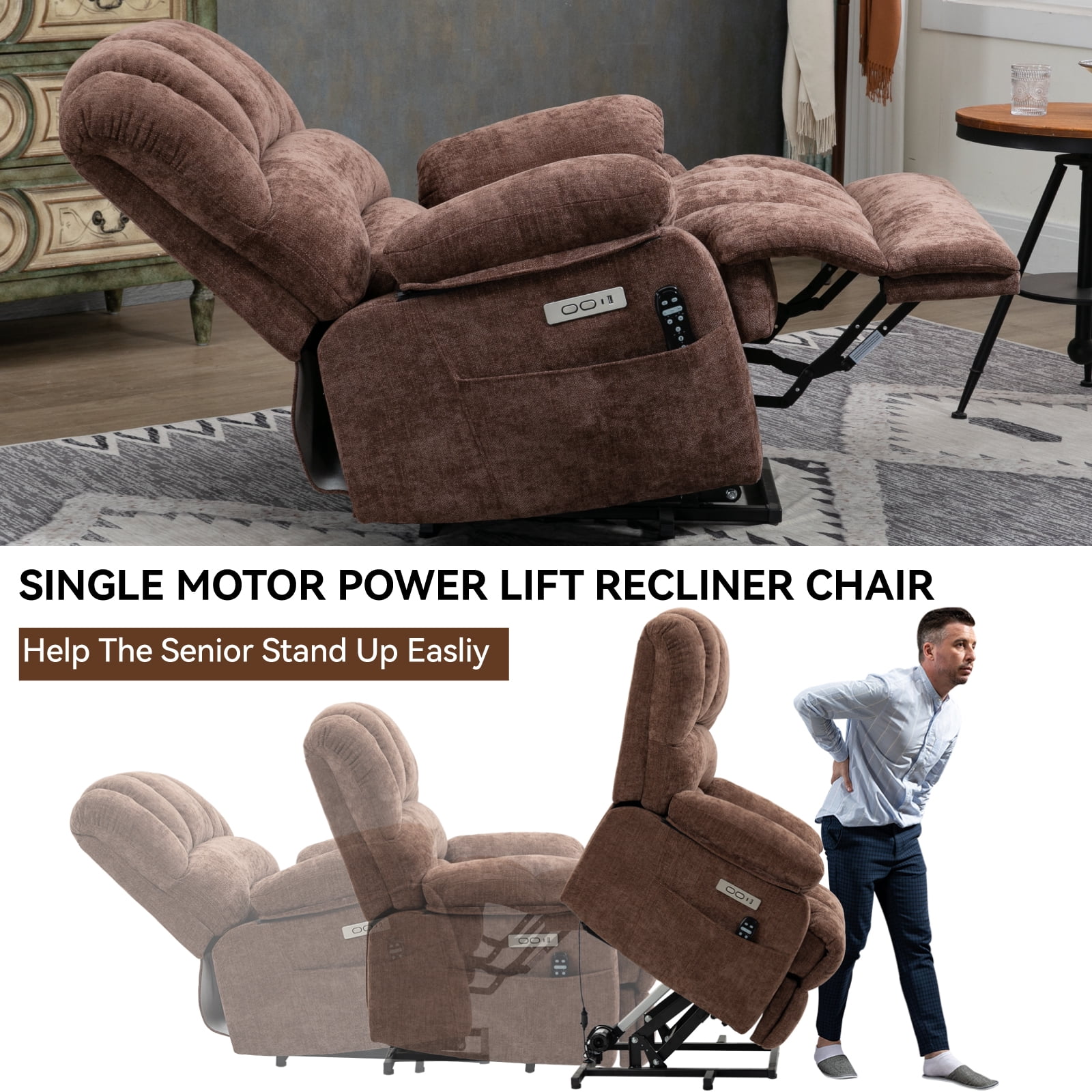 Extra Wide Power Lift Recliner Chair for Elderly, Oversized Chenille Lift Chair with 8-Point Massage & Lumbar Heat, USB Charging Port, Side Pockets, 350 lbs Capacity