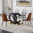 thumbnail image 2 of LUFTUT 5-Piece Glass Dining Table Set for 4, 63" Modern Rectangular Kitchen Table with Black OC-Shape Base & Gold Trim, Contemporary Dinner Set with 4 Light Grey & Brown Patchwork PU Chairs, 2 of 9