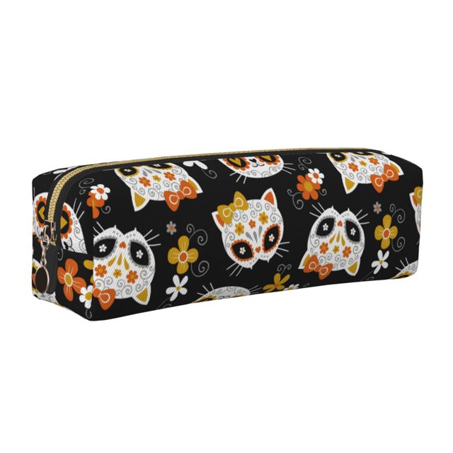Easygdp Cat Skulls and Flowers para Estuche de Lápices de Cuero, Estuche de Papelería de Cuero, Estuche de Gran Capacidad con Cremallera