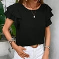 thumbnail image 6 of Fesfesfes Women's Casual Wrinkle Tops New Summer Short Ruffle Sleeves T-Shirt Round Neck Textured Fabric Flowy Tee Solid Color Outdoor(Black,2XL), 6 of 7