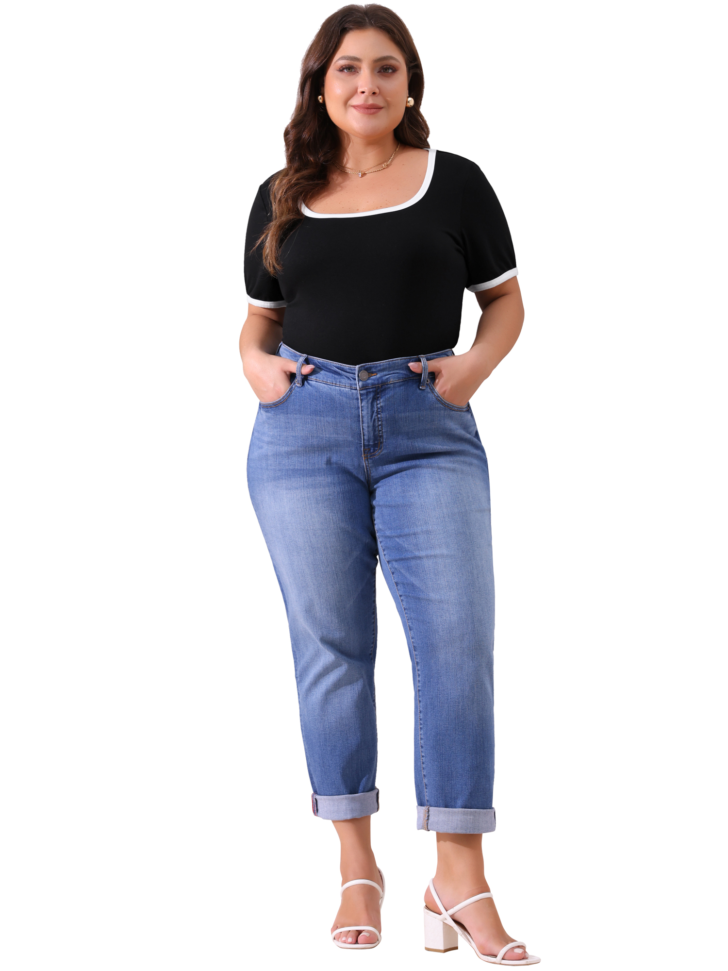 DARING DIVA Women's Plus Square Neck Ribbed Slim Fit Tee 2X Black