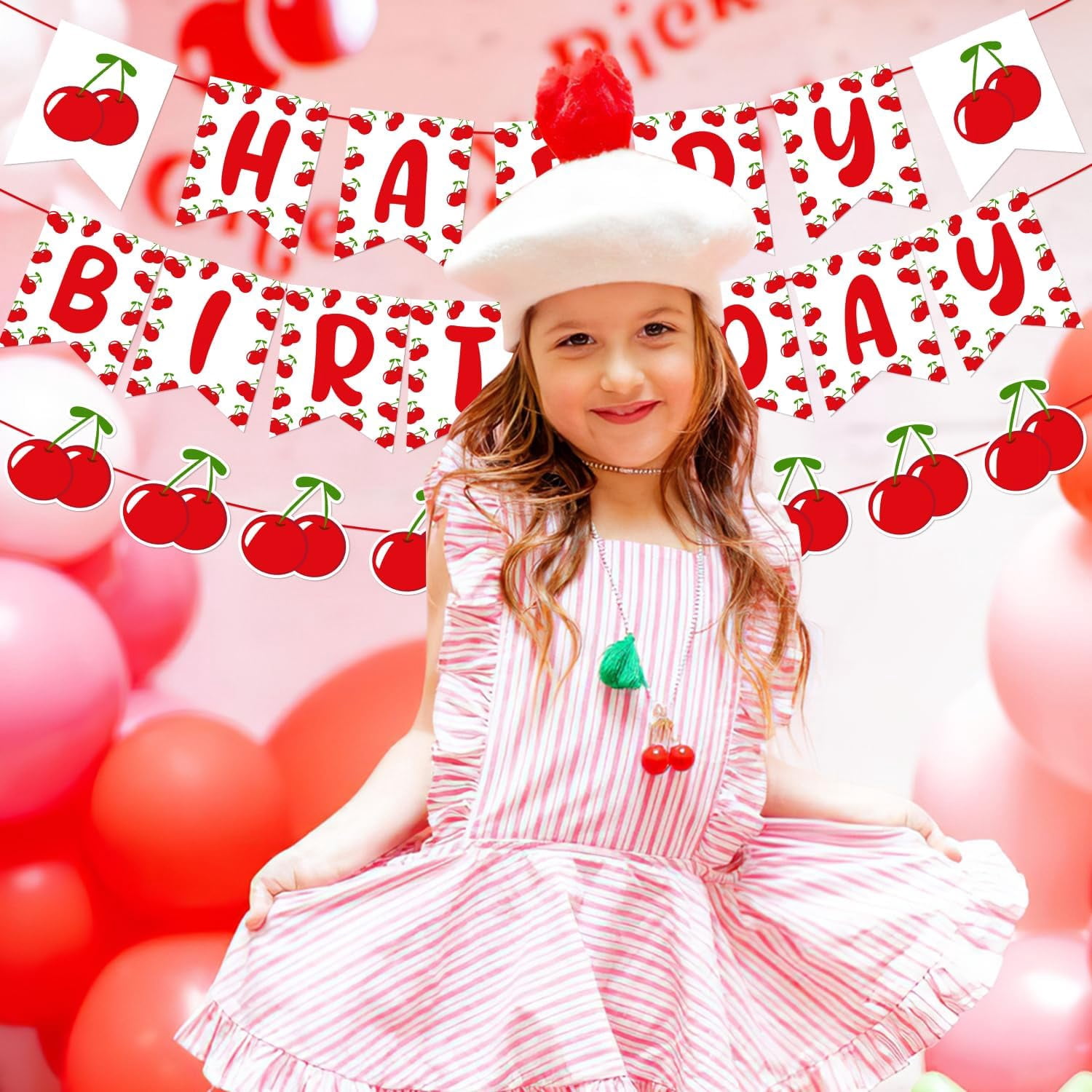 Cherry Themed Happy Birthday Banner Garland Sweet Cherry Birthday Party Decorations Fruit Theme Party Supplies for Girls1st 2nd 3rd Birthday Party