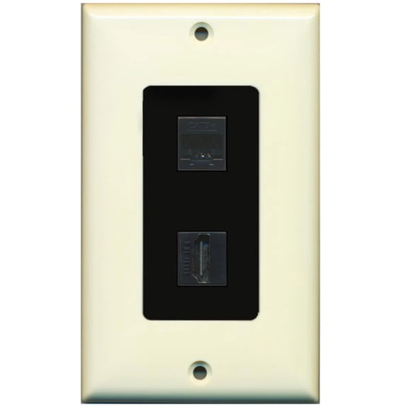 RiteAV - 1 Cat5e Ethernet and 1 HDMI Decorative Wall Plate - Light Almond/Black - Bracket Included