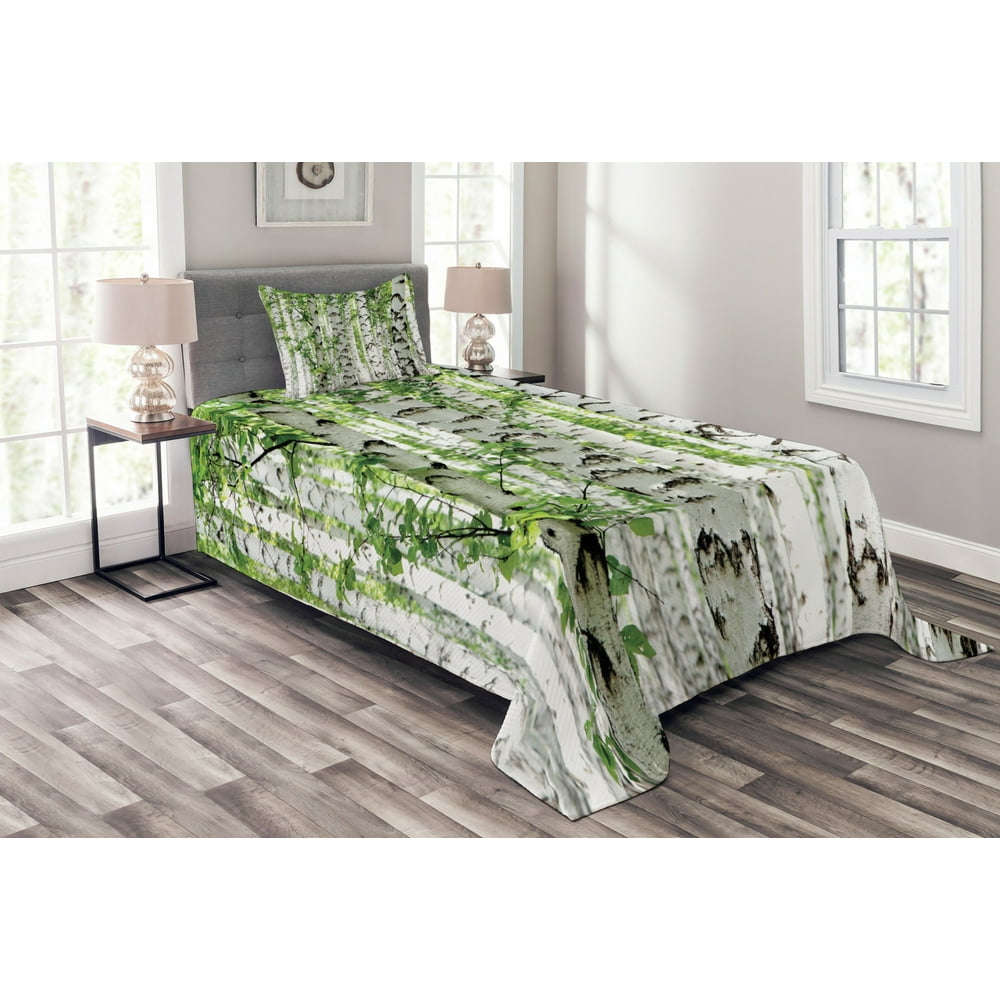 Woodland Bedspread Set Twin Size, Birch Trees in the Forest Summertime