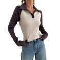 thumbnail image 3 of Canis Contrast Color Slim Fit T-Shirts for Women: Lapel Collar Tops with Long Sleeves, 3 of 5