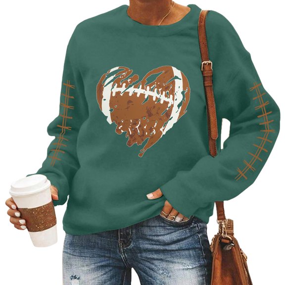 Womens Game Day Sweatshirt Football Fan Letter Print Long Sleeve Top,Casual Crewneck Pullover with Graphic Design,Plus Size Oversized Weekend Shirt Blackish Green L