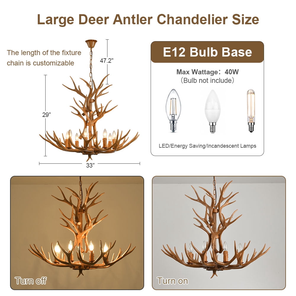 Deer Antler Chandelier 8 Light, Antler Pendant Light Fixturs, Vintage Farmhouse Deer Horn Chandelier Lighting for Living Room Dining Bedroom Christmas