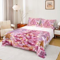 jejeloiu Pink Xmas Tree Full Size Sheets,Cute Gingerbread Man Bed Sheets,Happy New Year Sheet Sets For Girls,Microfiber Bedroom Decor,4pcs