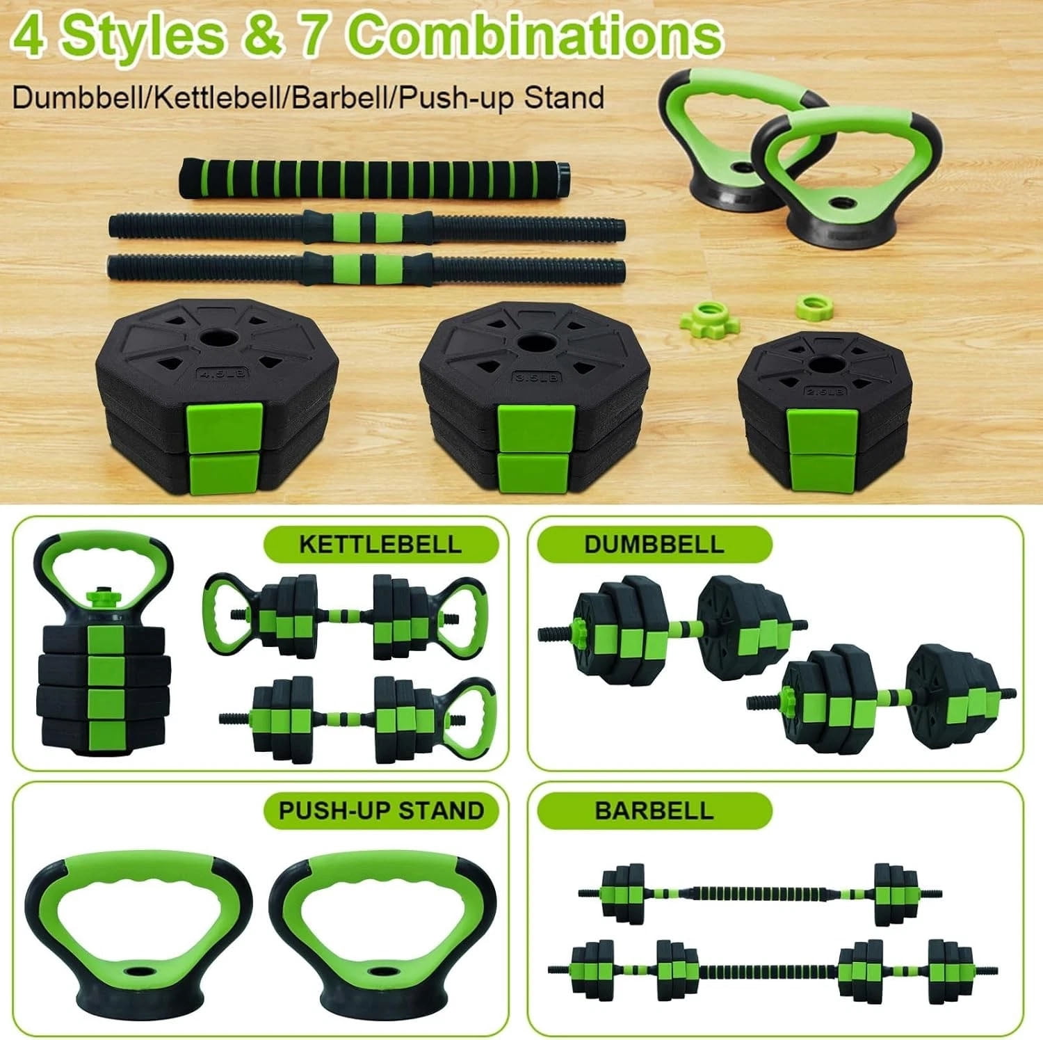 Lumiparty 4-in-1 Adjustable Dumbbell Set, 66 lbs Adjustable Weights with Barbell, Kettlebell, Push-Up Stand, Home Gym Strength Training Equipment, Black