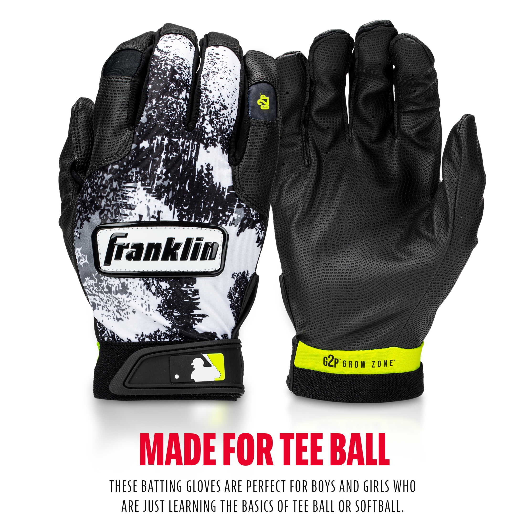 Franklin Sports MLB Youth Teeball Batting Gloves - Grow to Pro Kids Baseball + Softball Batting Gloves - Boys + Girls Batting Gloves for Teeball, Baseball + Softball - Black/White - Youth XX Small