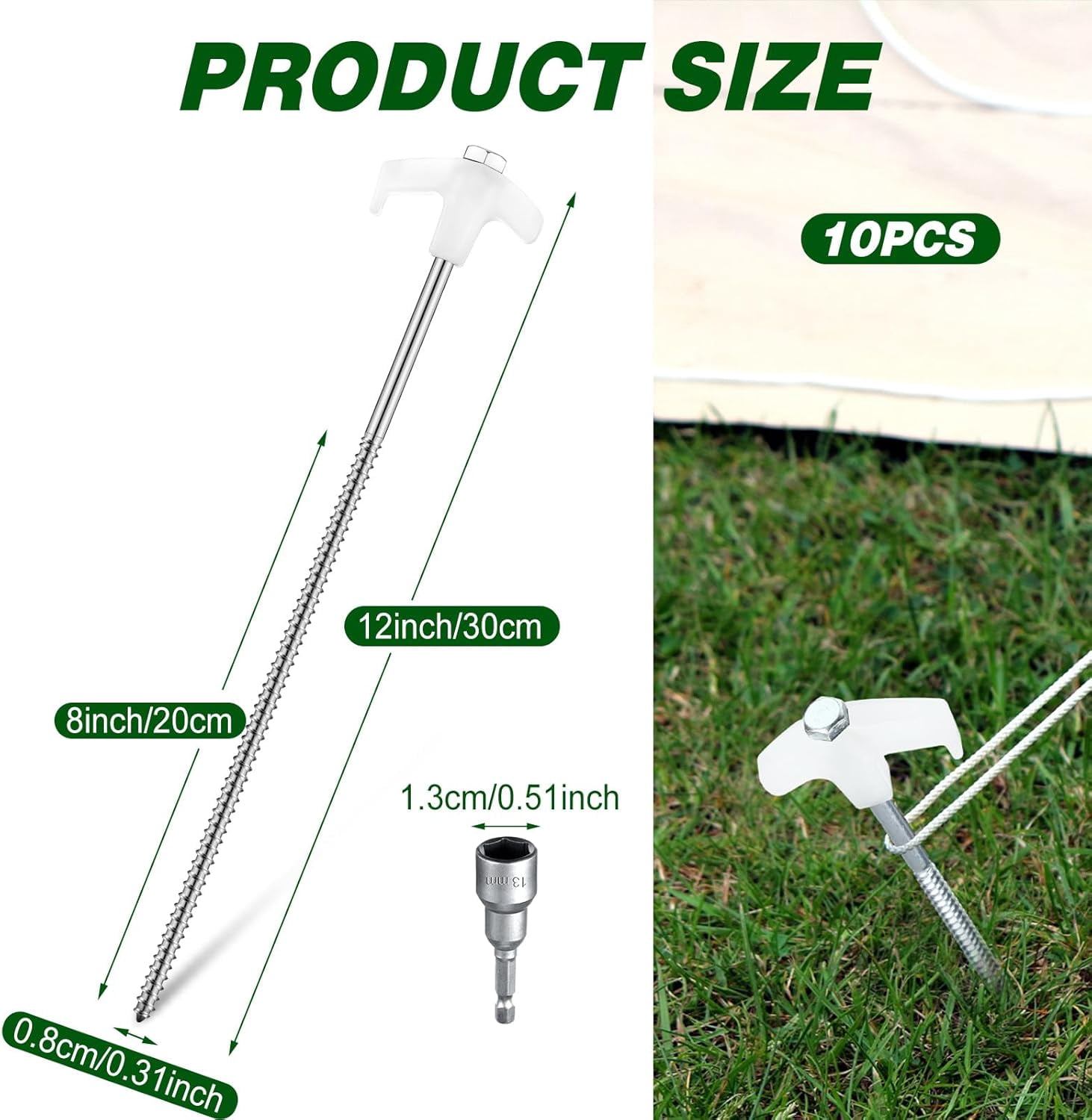 40 Pcs Luminous White Tent Stakes Heavy Duty Metal Ground Anchors with Hex Driver for Camping Garden