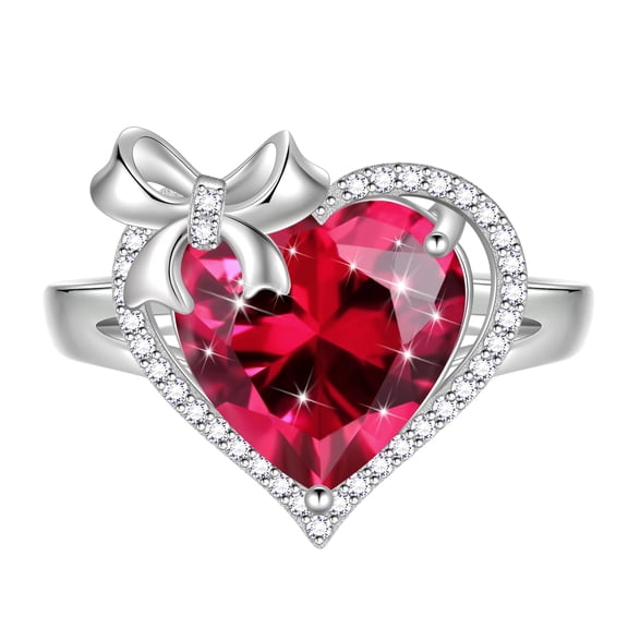 Juwaliy Heart Women Ring Bow Kont Ribbon 925 Sterling Silver July Birthstone Ruby Open Ring Jewelry Valentine's Day Gift for Wife Girlfriend Lover Mother