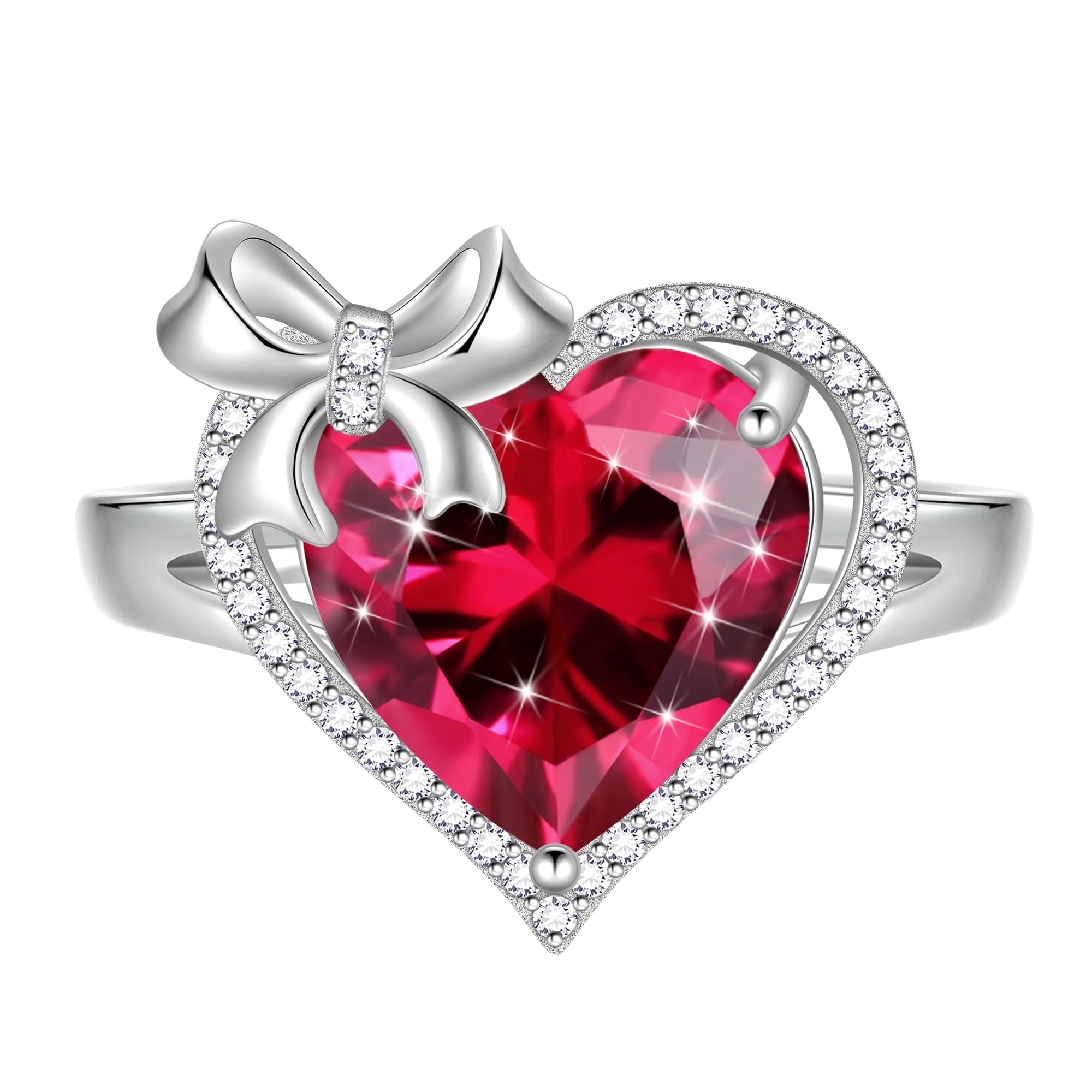 Juwaliy Heart Women Ring Bow Kont Ribbon 925 Sterling Silver July Birthstone Ruby Open Ring Jewelry Valentine's Day Gift for Wife Girlfriend Lover Mother