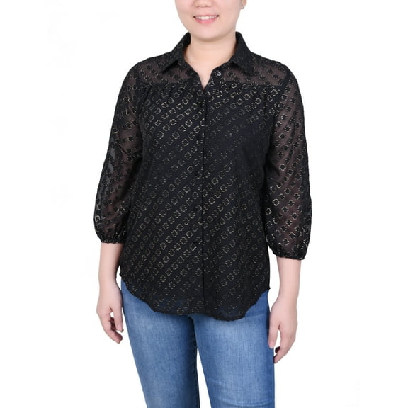 3/4 Sleeve Foiled Jacquard Chiffon Blouse