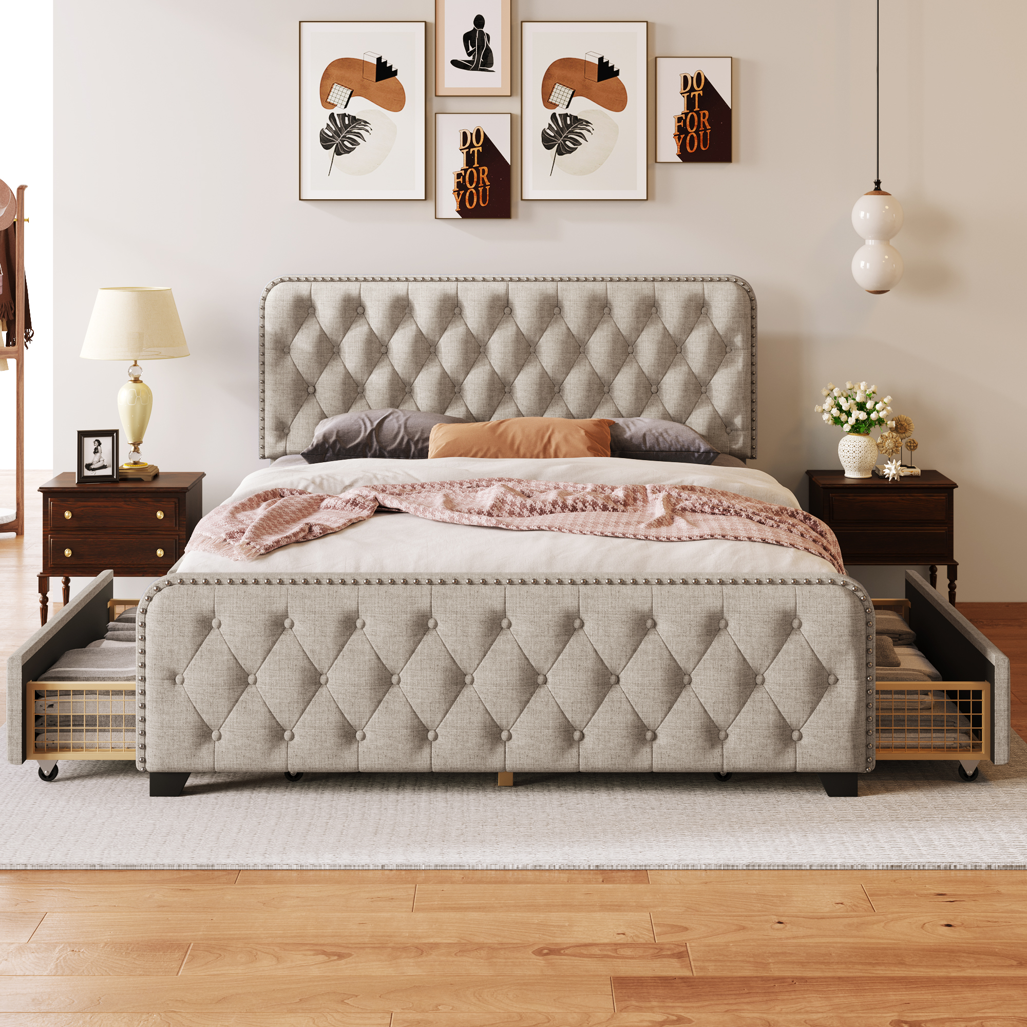 uhomepro Storage Upholstered Platform Bed Queen Size with Nail Trim