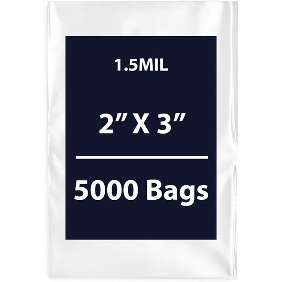 Clear Flat Poly Bags, 1.5Mil 2" X 3" & 5000 Bags | Low-Density Polyethylene (LDPE), Flat Open Top Plastic Packaging Packing | Flexible and Durable Plastic Bags