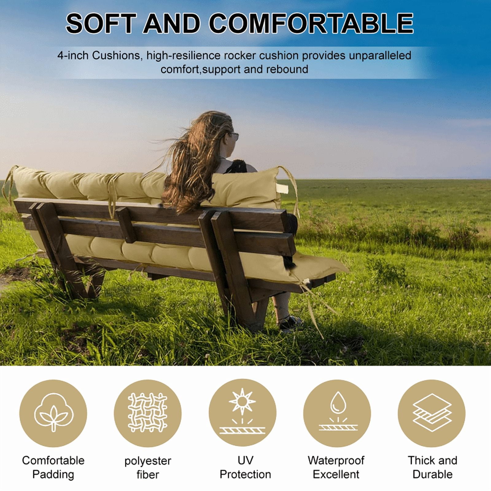 Outdoor Porch Swing Replacement Cushions, Waterproof Bench Chair cushion, 2-3 Seater Patio Swing cushion with Backrest and Ties, 4" thick