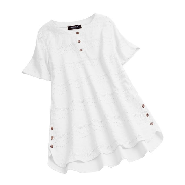 Timegard Hauts Grande Taille pour Femmes Été Col Rond à Boutons Manches Courtes T-Shirt Ample à Oeillets Haut Plage