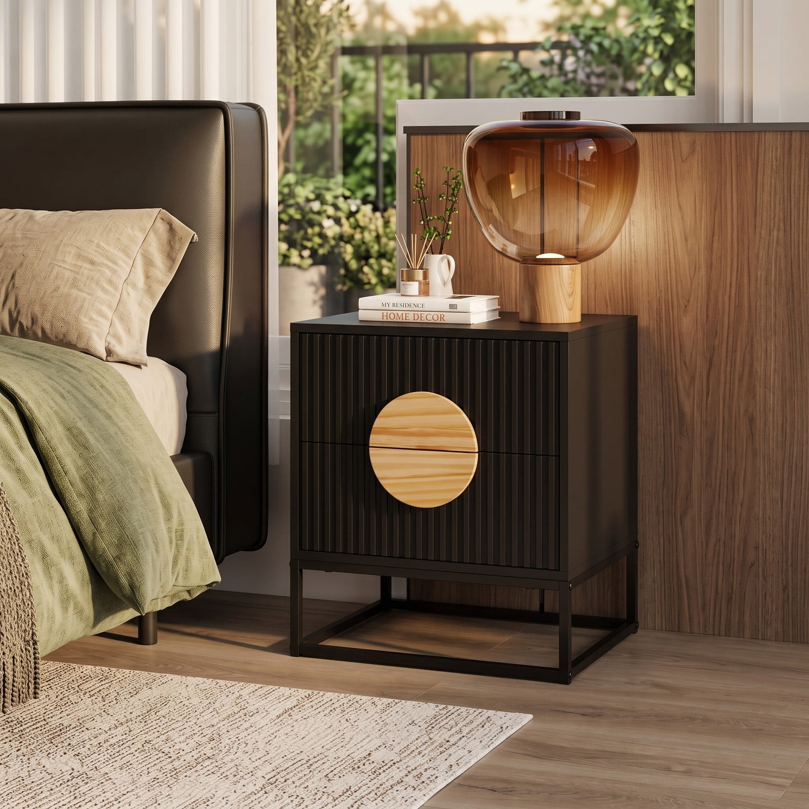 Furnibear Mid Century Fluted 2-Drawer Nightstand with Natural Pine Wood Handle and Metal Base for Bedroom, Black and Natural