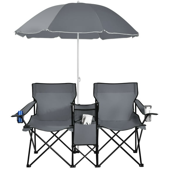 Wangbujianwang Double Camping Chair with Umbrella, Folding Loveseat Chairs w/Canopy Shade, Carrying Bag, Table, Cup Holder, Portable Beach Chairs Outdo,Gray