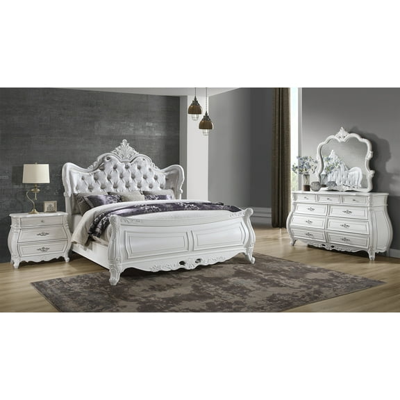 Opulence Traditional Style Queen 4PC Bedroom Set Made With Wood in Pearl White