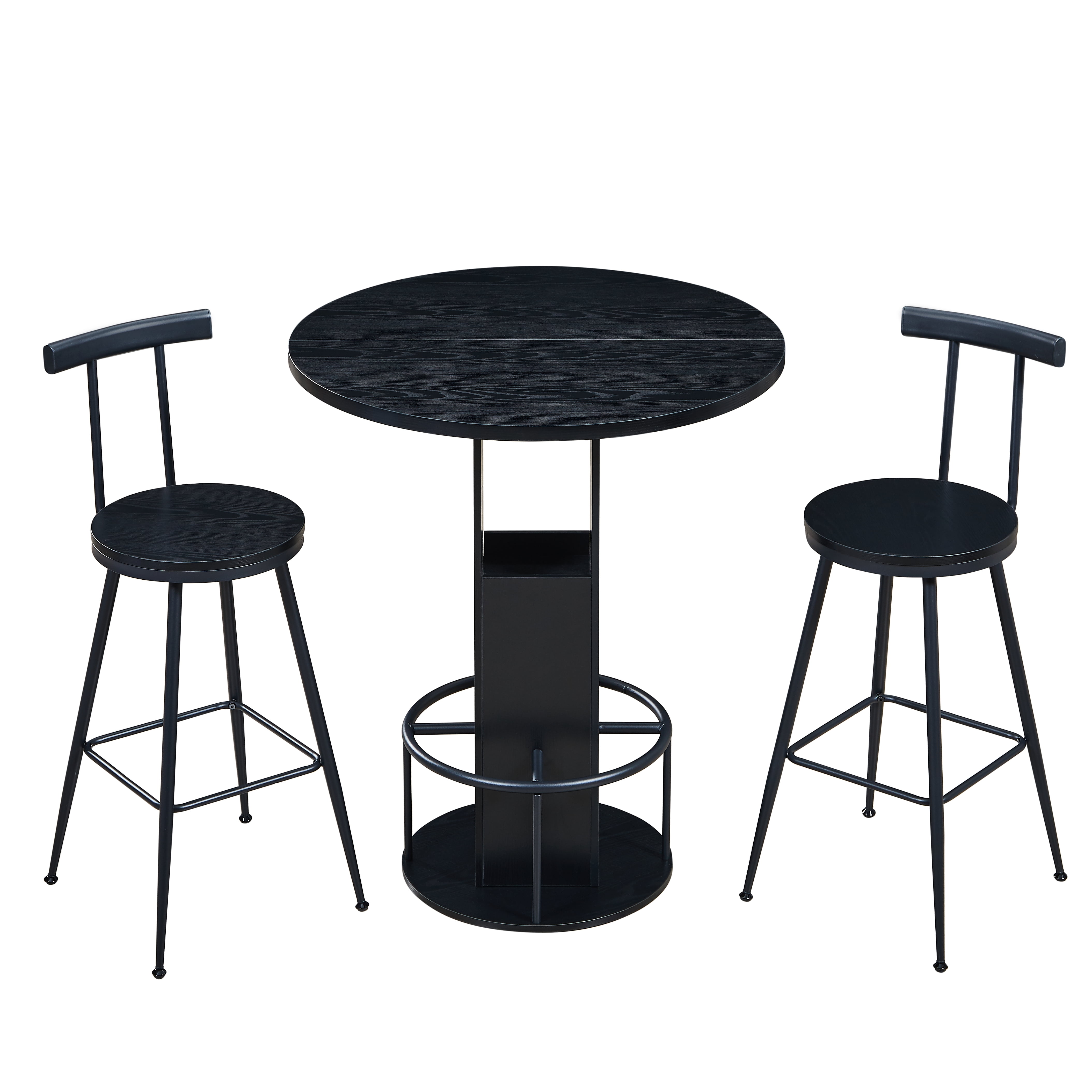 3-Piece Bar Table and Stool Set, 31.5-inch Round Table with Two Stools, Black