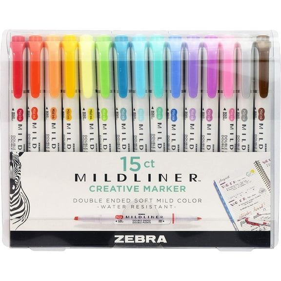 Zebra Pen Mildliner Double Ended Highlighter Set, Chisel and Bullet Tips, Assorted Ink Colors, 15-Pack