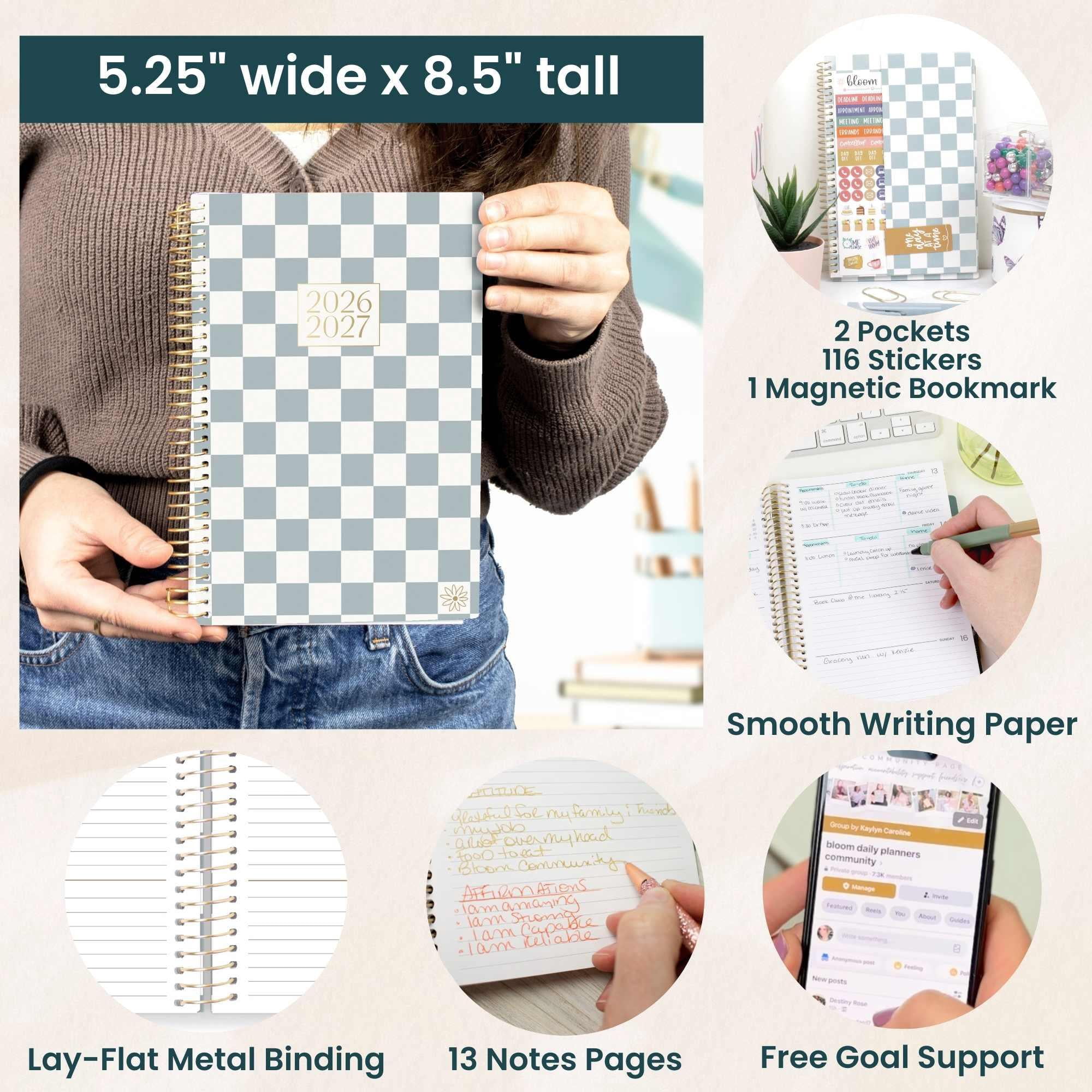 bloom daily planners 2026-2027 Academic Planner, 13 Month Monthly & Weekly Soft Cover, 5.5" x 8.25", Stickers Included, Checkered