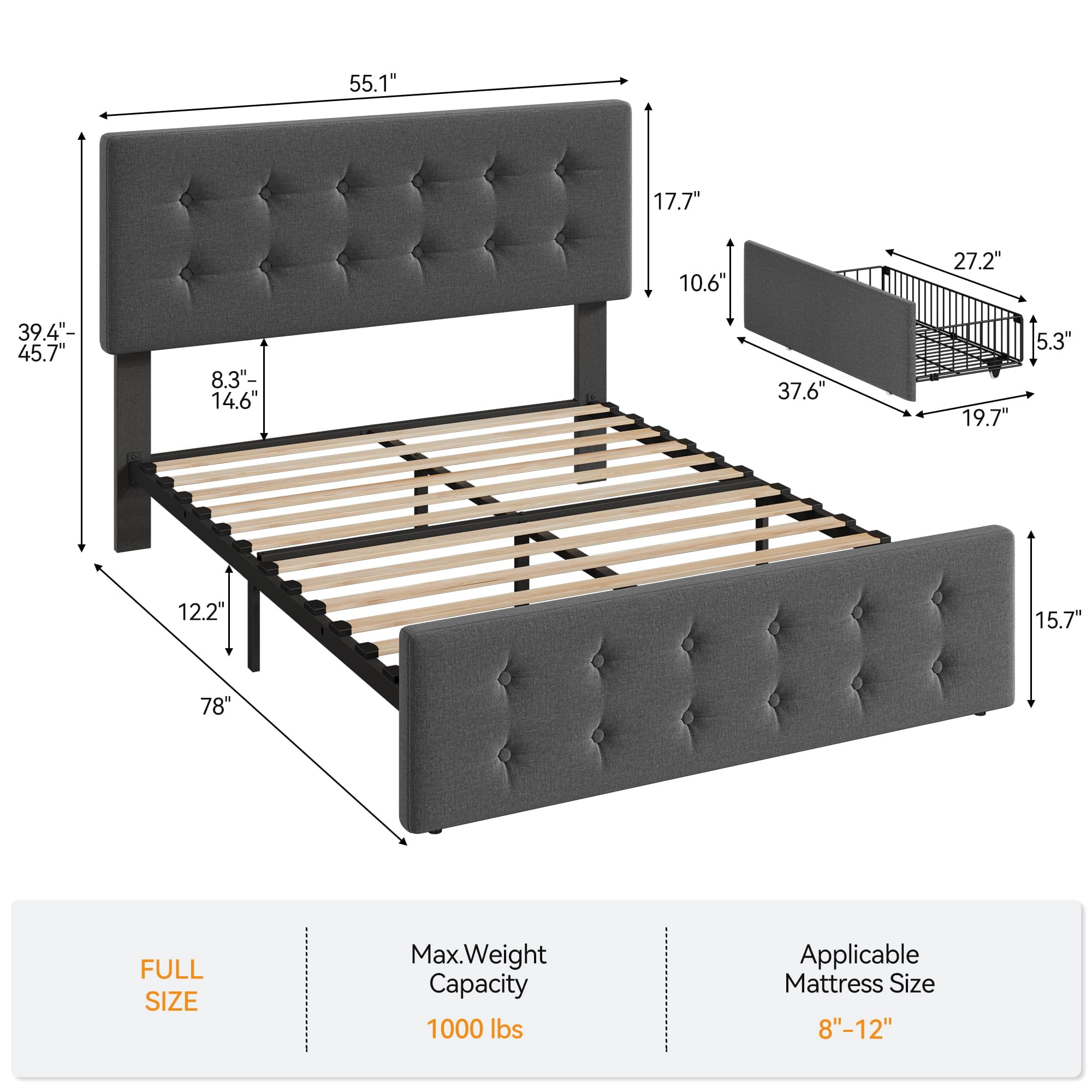 Maritcute Full Size Bed Frame with 4 Storage Drawers and Adjustable Headboard, Upholstered Mattress Foundation with Skin-Frienly Linen, No Box Spring Needed, Light Grey