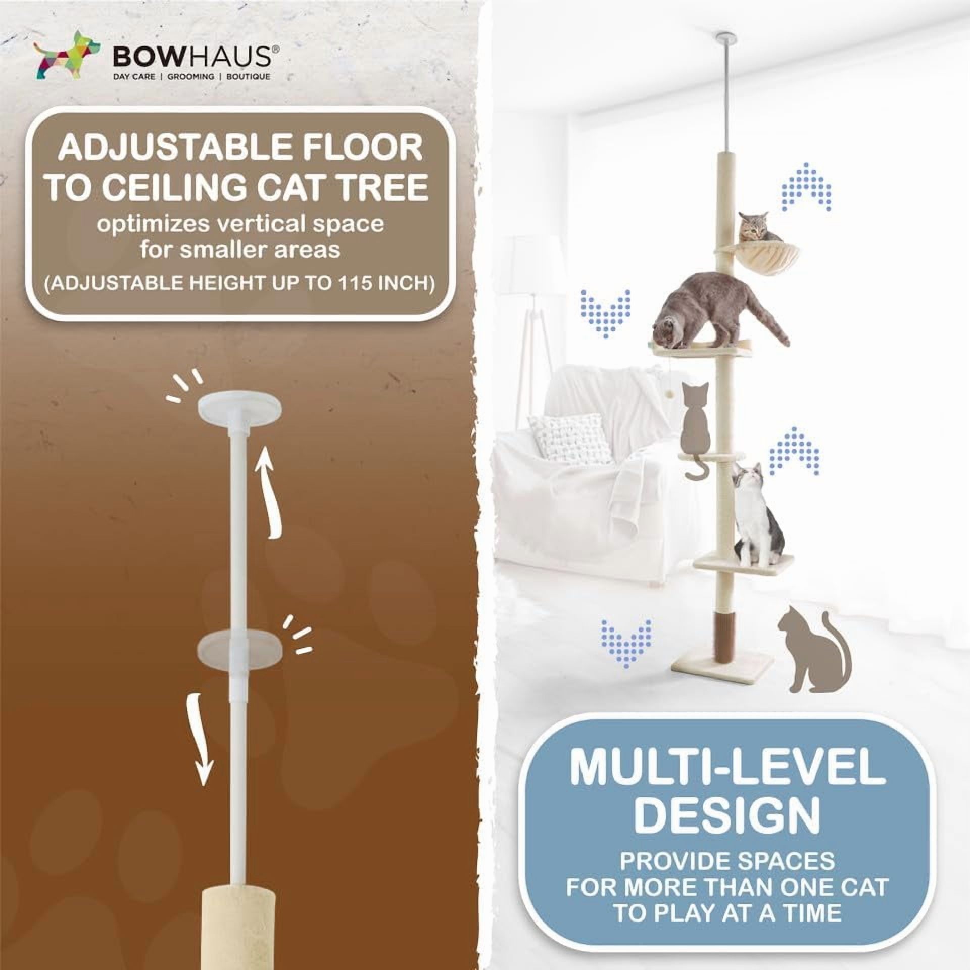CAPHAUS Floor to Ceiling Cat Tree, Adjustable Height 104”-115” Multi-Tier Cat Climbing Tower w/ Itching Scratcher, Cozy Hammock, Interactive Playball, Platforms for Indoor Cats, Beige