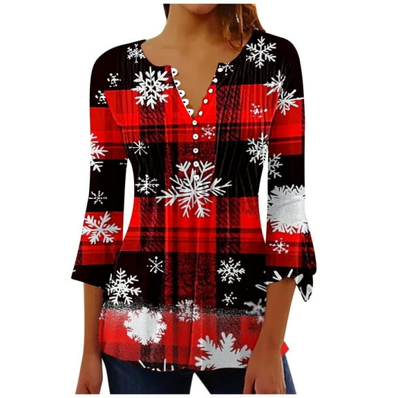 asdoklhq Christmas Cotton Sweaters for Women's Fashionable Christmas Printed Casual V-neck Pullover Long Sleeved Top Red 2X