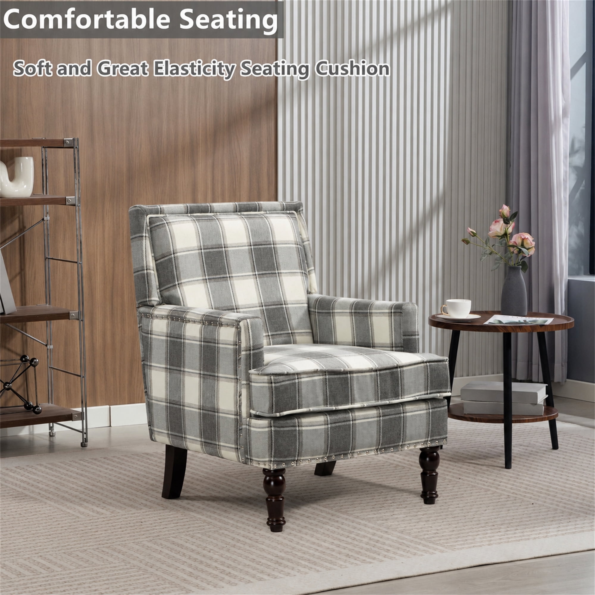 Aukfa Vintage Accent Chair Mid-Century Modern High Back Armchair for Living Room, Nailhead Trim, Antique Grey