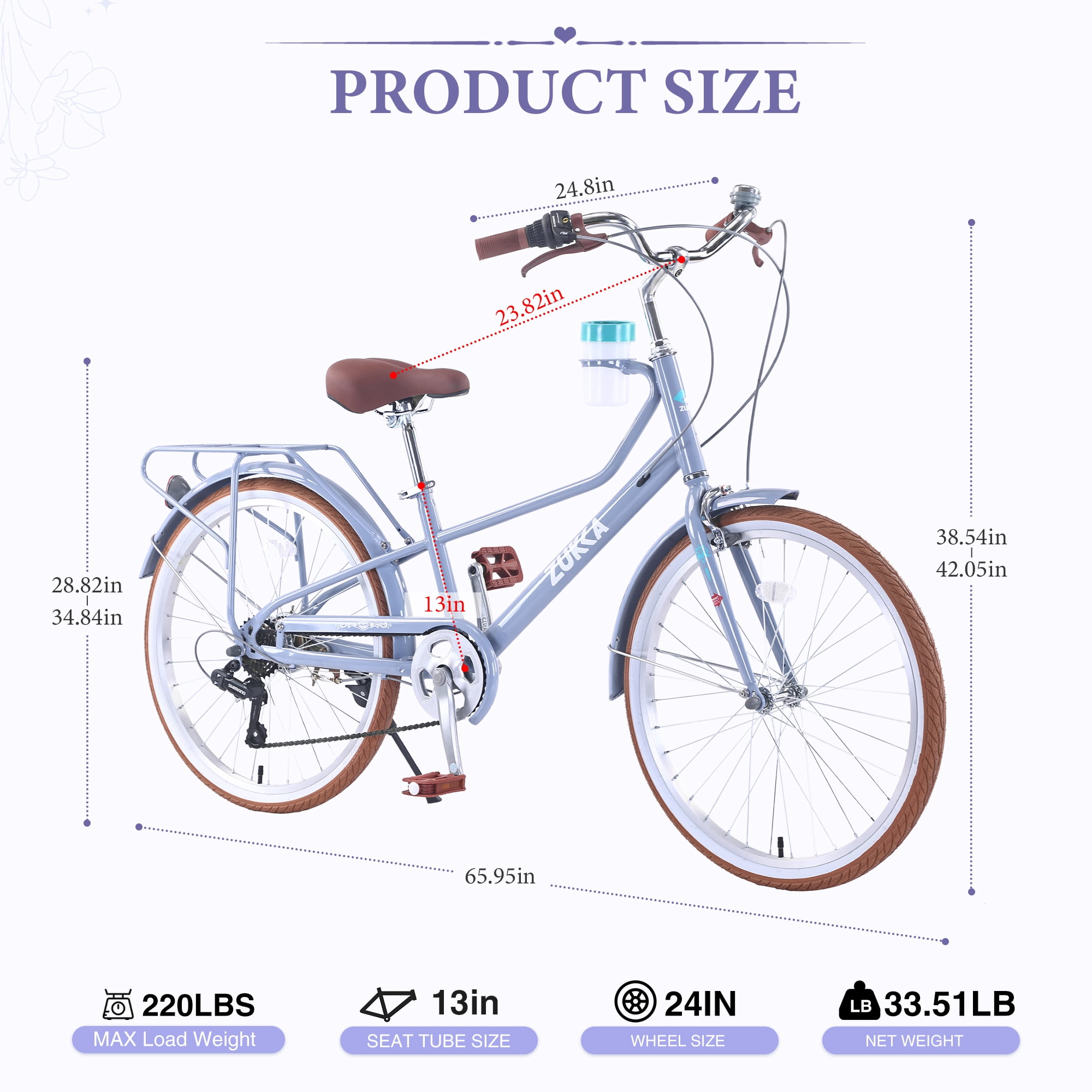 24 Inch Women's Cruiser Bike, 6 Speed Step-Through Commuter Bicycle with Rear Rack & Cup Holder, Adult City Bike