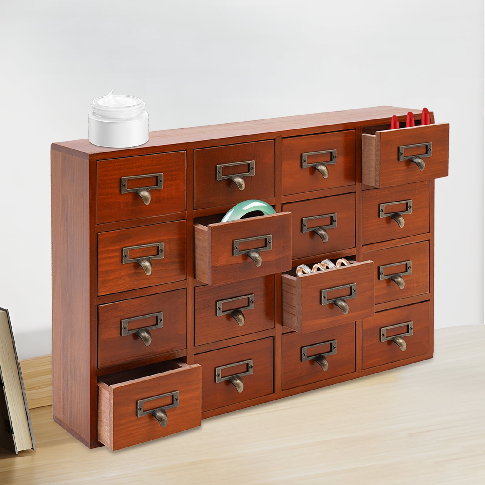 Peakora Vintage Wooden Cabinet Brown 16 Drawer Chinese Medicine Desk Drawer Organizer Small Storage Box for Living Rooms Bedrooms Study Rooms