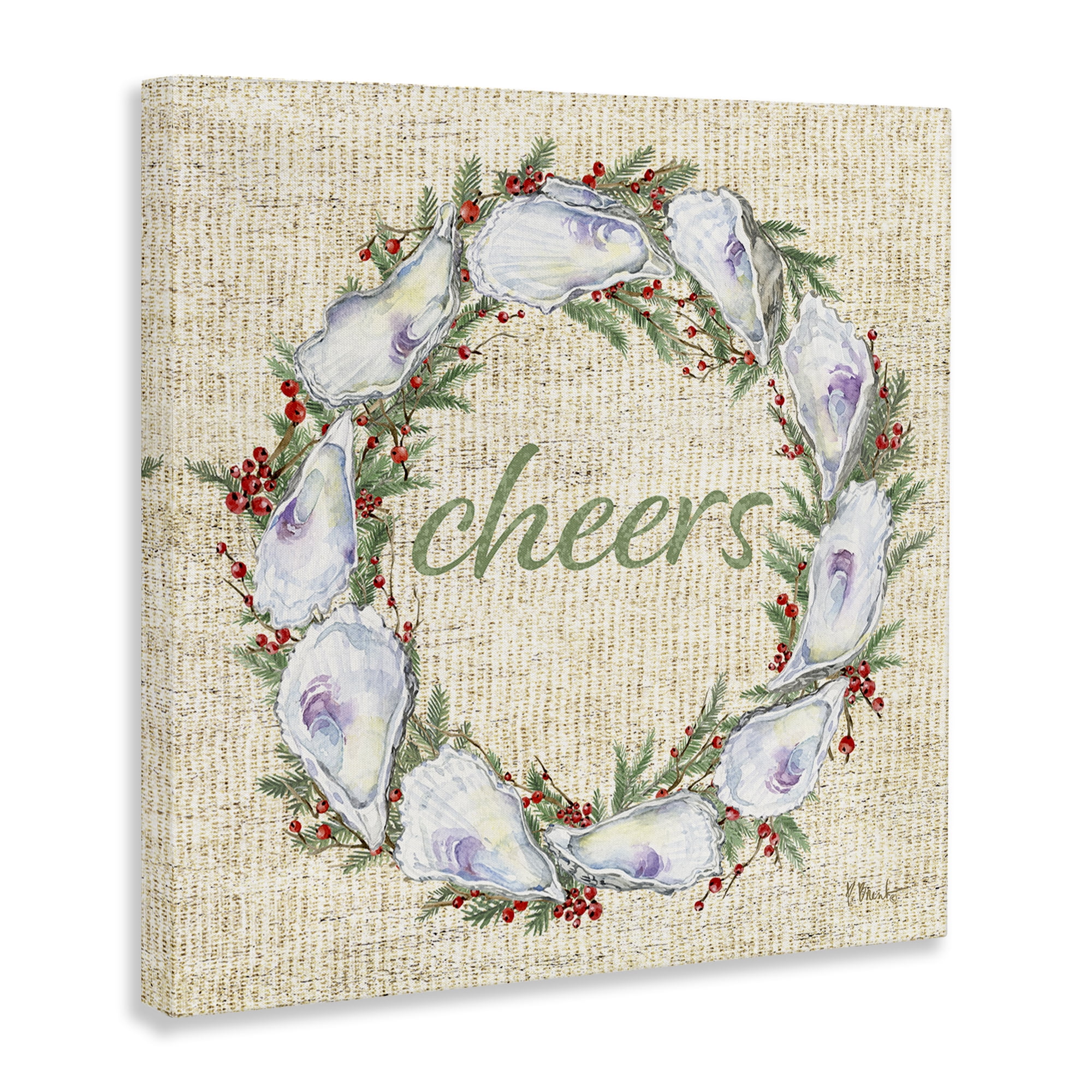 Stupell Industries Shells & Holly Wreath Holiday Painting Wrapped Canvas Art Print Wall Art, 24 x 24