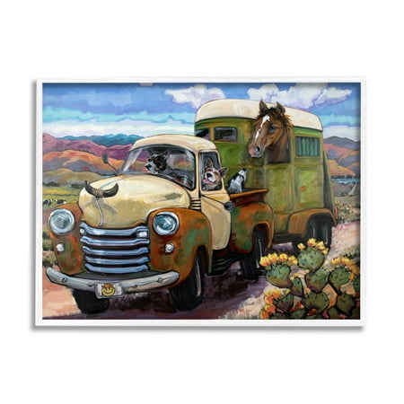 UPC: 0196216225143 | Stupell Industries Dogs Driving Vintage Rustic Truck with Horse Trolley  30 x 24  Design by CR Townsend