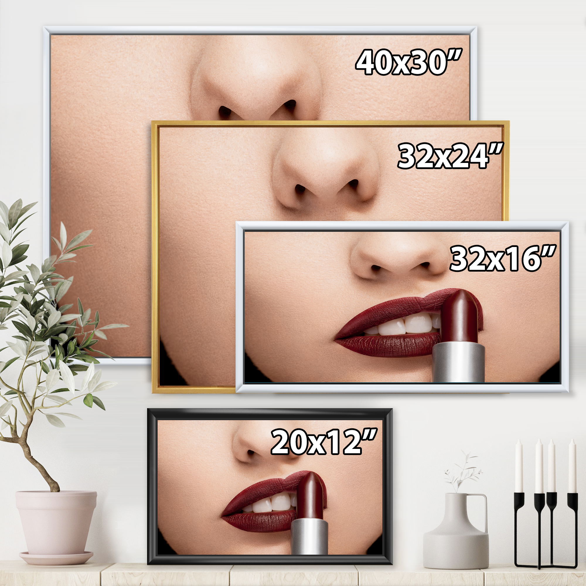 Designart 'Woman Applying Red Lipstick On Lips II' Modern Framed Canvas Wall Art Print